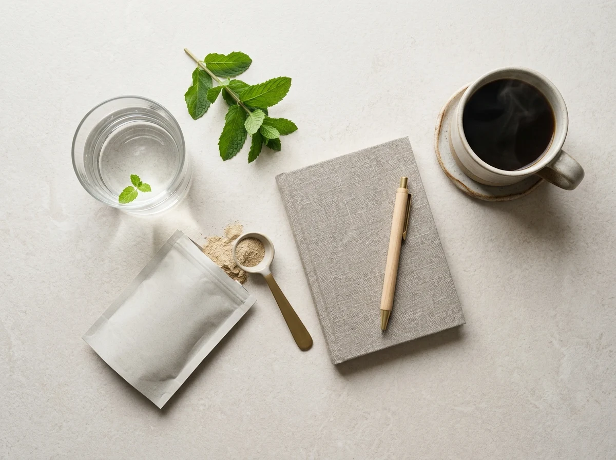 Morning wellness routine: a glass of water, supplement sachet, notebook and fresh herbs on a light surface